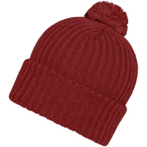 A knitted beanie in a rich burgundy colour with a fluffy pompon on top. Includes a logo.