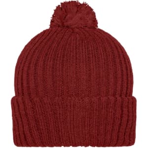 A knitted beanie in a rich burgundy shade, featuring a fluffy pompon on top and a ribbed design.