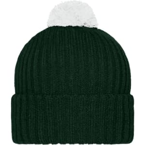 A green knitted beanie with a white pompon on top. The beanie features a ribbed design and has a logo.