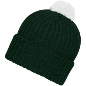 A green knitted beanie featuring a white pompon on top and a ribbed texture. It has a logo on the side.