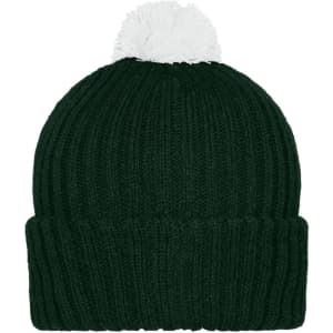 A knitted beanie in dark green with a white pompon on top. The beanie features a ribbed design and a folded cuff.