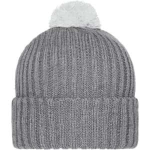 A grey knitted beanie with a white pompon on top. It features a ribbed design and a folded brim.