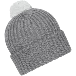 A grey knitted beanie with a white pompon on top. It features a ribbed texture and a folded cuff.