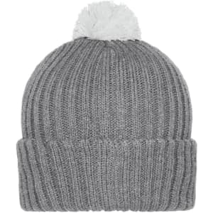 A grey knitted beanie with a white pompon on top, featuring a ribbed texture and foldable brim.