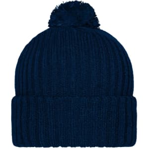 A navy knitted beanie with a pompon on top. The beanie features a ribbed texture and has a logo.