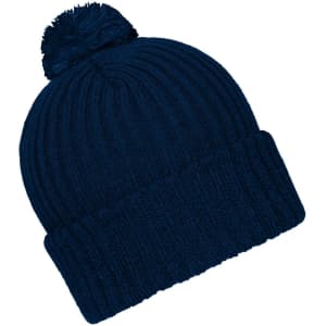 A knitted beanie in navy blue featuring a pompon on top and a ribbed texture. Comes with a logo.