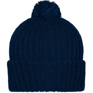 A navy knitted beanie with a pompon on top. It features a ribbed texture and a fold-over cuff.