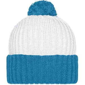 A knitted beanie featuring a blue and white design with a fluffy pompon on top. It has a ribbed texture and a logo.