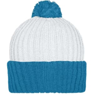 A knitted beanie featuring a white body, blue cuff, and a blue pompon on top. It includes a brand logo.