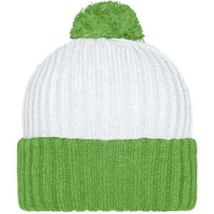 A knitted beanie with a green pompon, featuring a white top section and a green ribbed band.