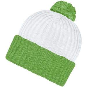 A knitted beanie in white and green with a fluffy pompon on top and a ribbed cuff. It features a logo.