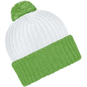 A knitted beanie with a white body and a green ribbed band, topped with a green pompon.