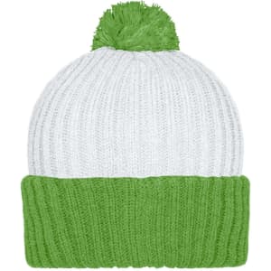 A knitted beanie in white with a green cuff and pompon on top, featuring a simple design and soft texture.