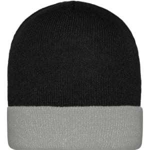 A knitted beanie in black with a grey cuff. The beanie features a logo or branding.