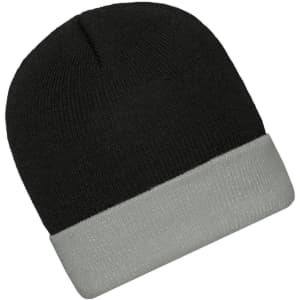 A knitted beanie in black with a light grey folded cuff. The beanie features a logo on the side.