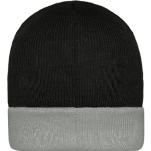 A knitted beanie featuring a black top and a grey cuff, with a logo on the side.