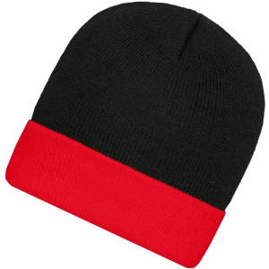 A knitted beanie in black with a red cuff, featuring a small logo on the side.