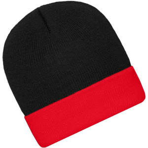 A knitted beanie featuring a black top and a red cuff, complete with a logo.