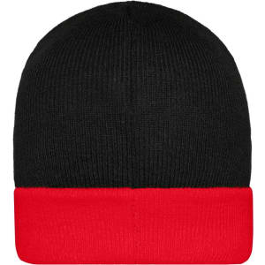 A knitted beanie featuring a black body and a red cuff, with a logo on the side.