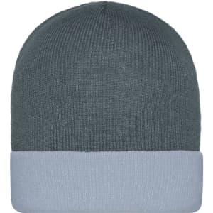 A knitted beanie in dark grey with a light grey cuff, featuring a logo on the side.