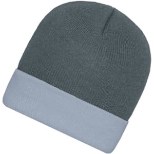 A knitted beanie in a dark grey colour with a light grey cuff, featuring a small logo.