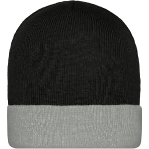 A knitted beanie featuring a black top and a grey fold-up cuff, with a logo on the side.