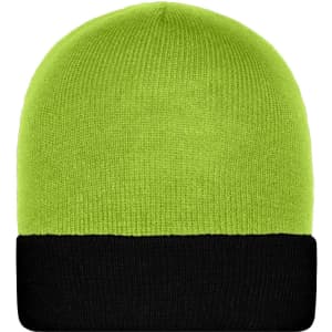 A bright green knitted beanie with a black cuff and a logo on the side.