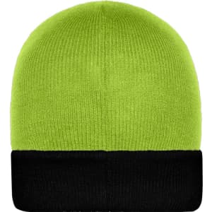 A knitted beanie featuring a bright green top and a black cuff, with a logo on it.