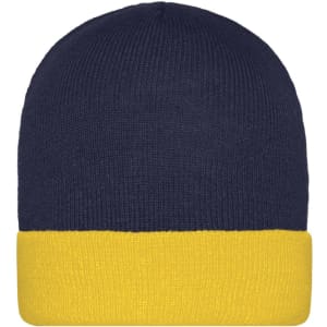 A knitted beanie featuring a navy blue top and a yellow cuff. The beanie has a logo on it.