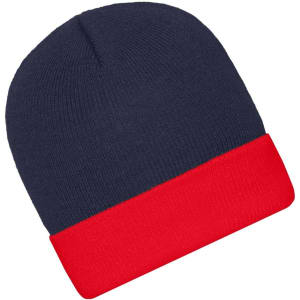 A knitted beanie in navy blue with a red cuff, featuring a logo on the side.