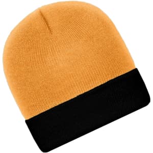A knitted beanie in vibrant orange with a black cuff. It has a smooth texture and a snug fit.
