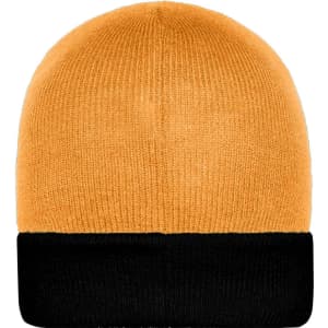 A knitted beanie in orange with a black cuff. It features a logo on the side.