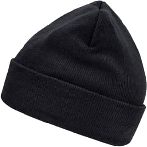 A black knitted beanie featuring Thinsulate™ technology and a folded cuff. The item has a logo present.