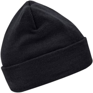 A black knitted beanie featuring Thinsulate™ insulation, designed for warmth and comfort.