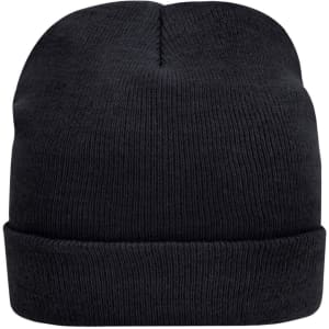 A black knitted beanie featuring a cuffed design and a logo. The fabric is suitable for cold weather.