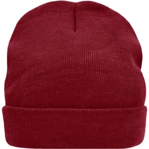 A red knitted beanie featuring Thinsulate™ material, displayed with a fold at the bottom.