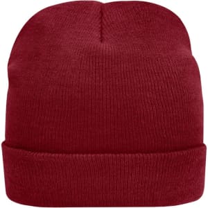 A red knitted beanie made with Thinsulate™ material, featuring a folded cuff and a smooth texture.