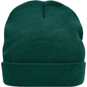 A knitted beanie in dark green with a folded cuff and textured fabric. It features a logo on the side.