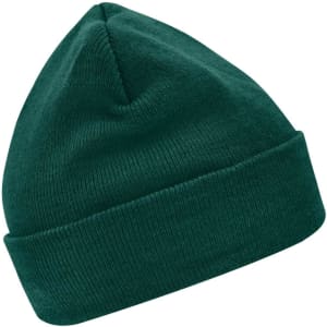 A dark green knitted beanie made with Thinsulate™ material, featuring a fold-over cuff.