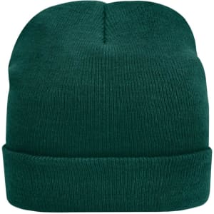 A knitted beanie in dark green with a folded cuff. It features a logo on one side.