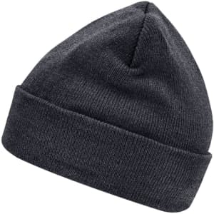 A dark grey knitted beanie featuring Thinsulate™ technology and a logo.