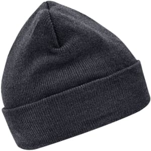 A grey knitted beanie with a turned-up cuff and a seamless crown, featuring a logo on the side.