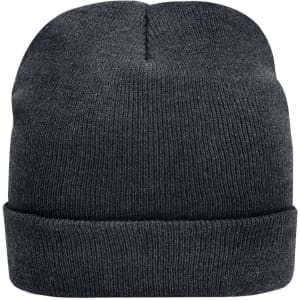 A dark grey knitted beanie featuring a rolled cuff and a logo.