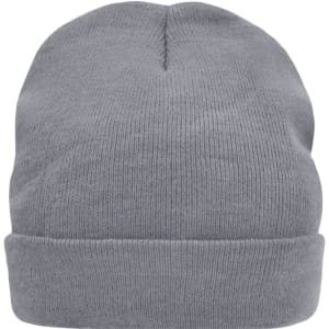A grey knitted beanie featuring Thinsulate™ material, with a fold-up cuff and a smooth texture.