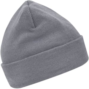 A grey knitted beanie with a folded cuff and a soft texture, featuring a small logo.