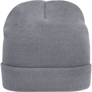 A grey knitted beanie featuring a folded brim and a snug fit, with a logo on the side.