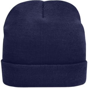 A knitted beanie in navy blue featuring a folded cuff and a soft, textured finish. It has a logo on the side.