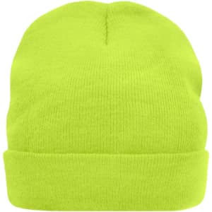 A bright yellow knitted beanie made with Thinsulate™ material, featuring a cuffed design.