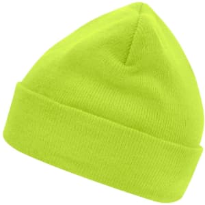 A bright green knitted beanie with a folded rim, featuring a branding logo.