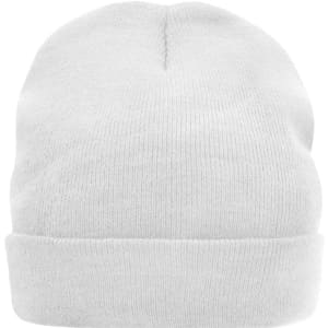 A white knitted beanie with a roll-up cuff and a smooth texture. It features a logo on the side.